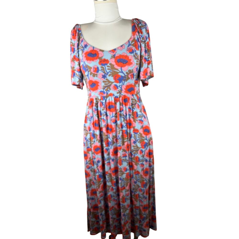 Boden Floral Jersey Maxi Dress Blue Pink Red Puff Sleeve US 6 UK 10